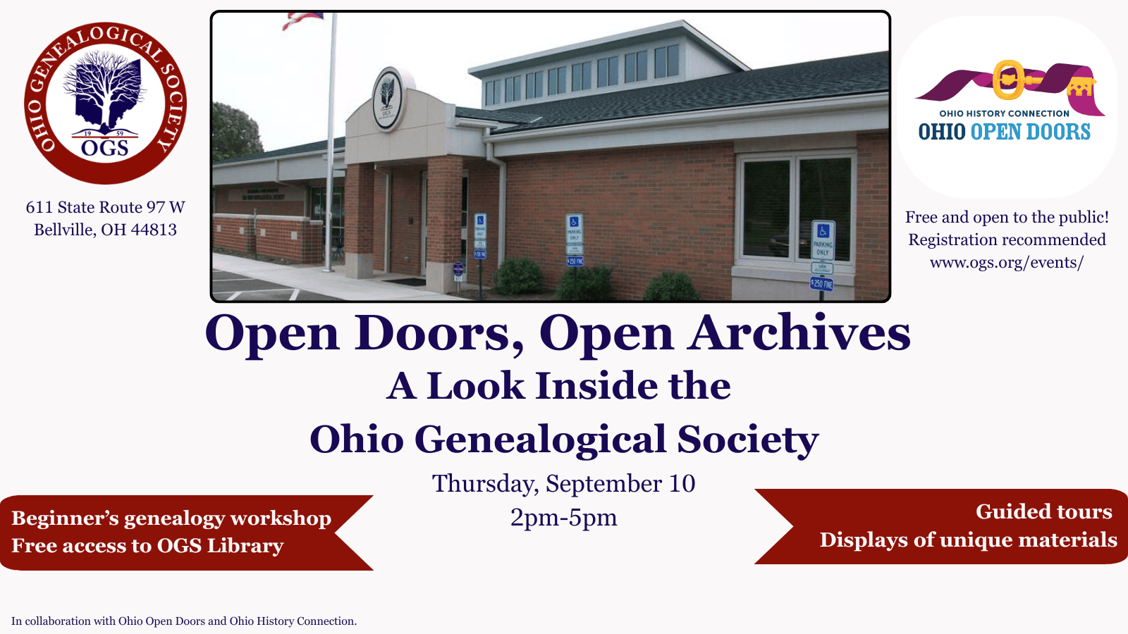 Advertising flyer for the Open Doors, Open Archives Event at the Ohio Genealogical Society